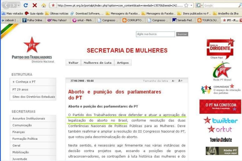 Página removida do site do PT - 1 - Aborto e punição dos parlamentares do PT